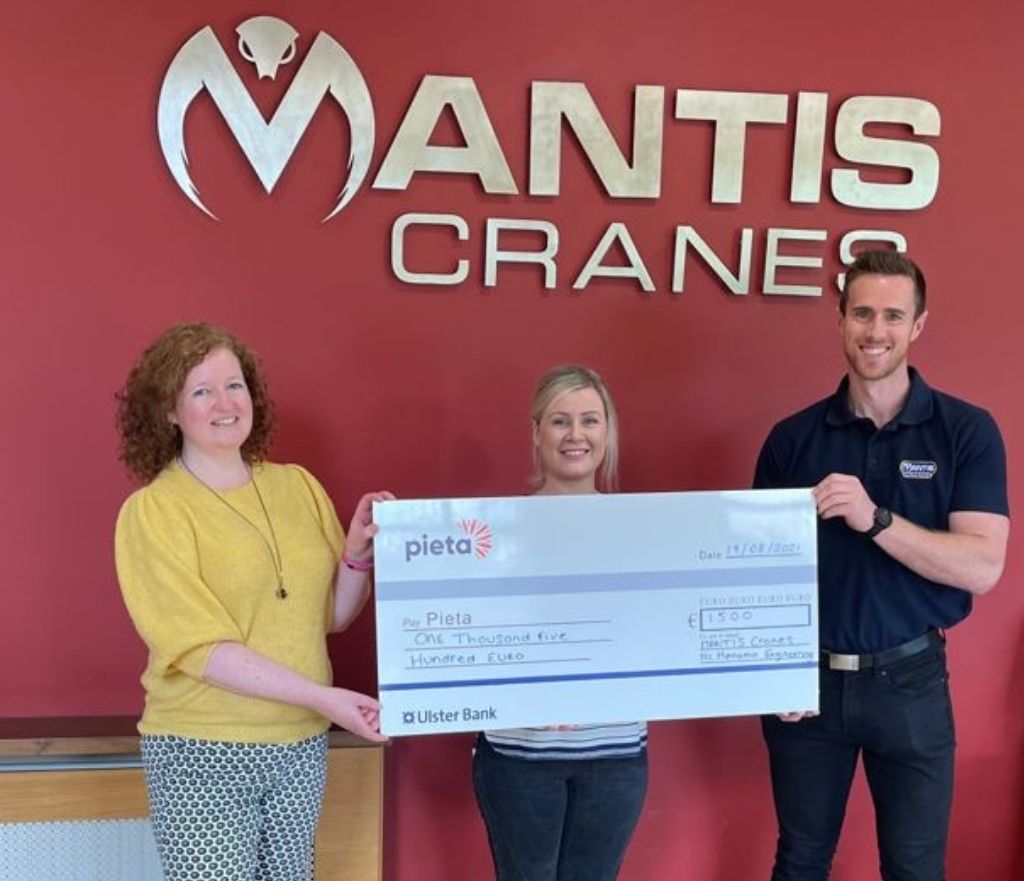 Mantis Cranes and McMenamin Engineering present cheque to Pieta House