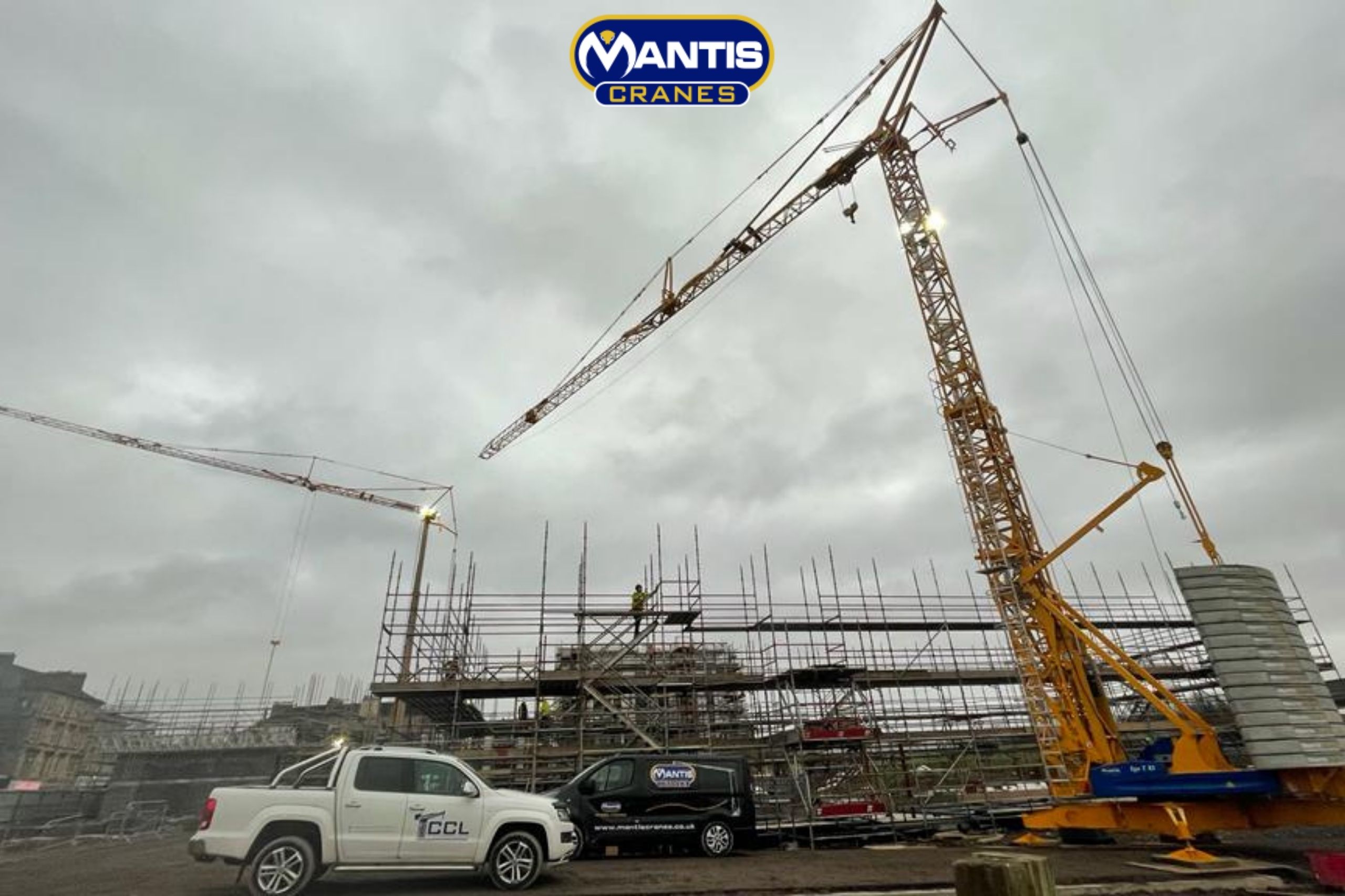 2 self erecting tower cranes supplied by Mantis Cranes at the Glasgow Meat Market. Tower crane sales